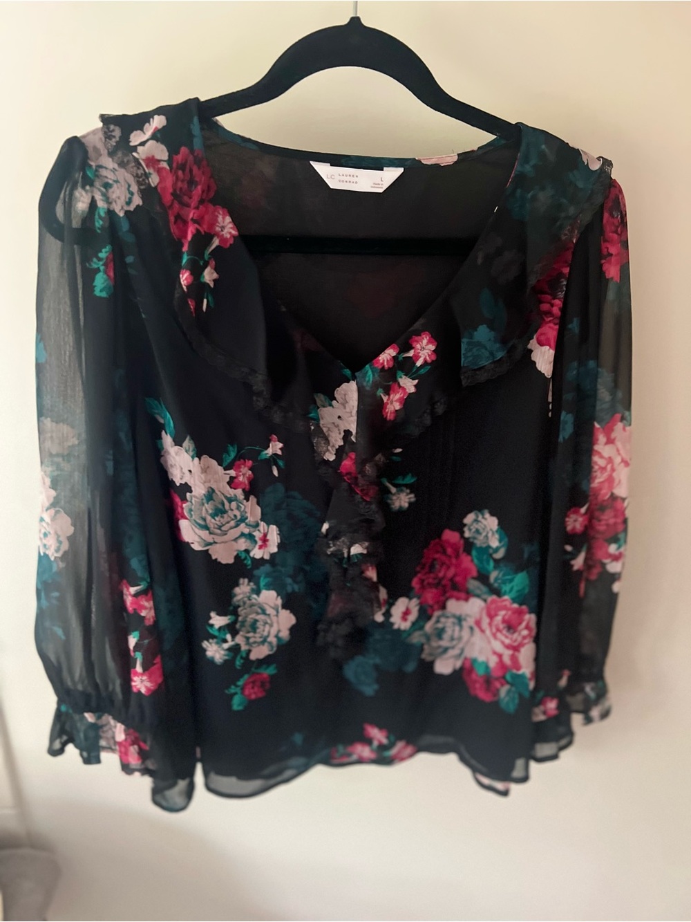 LC Lauren Conrad Black Sheer Floral Blouse with Ruffle Trim